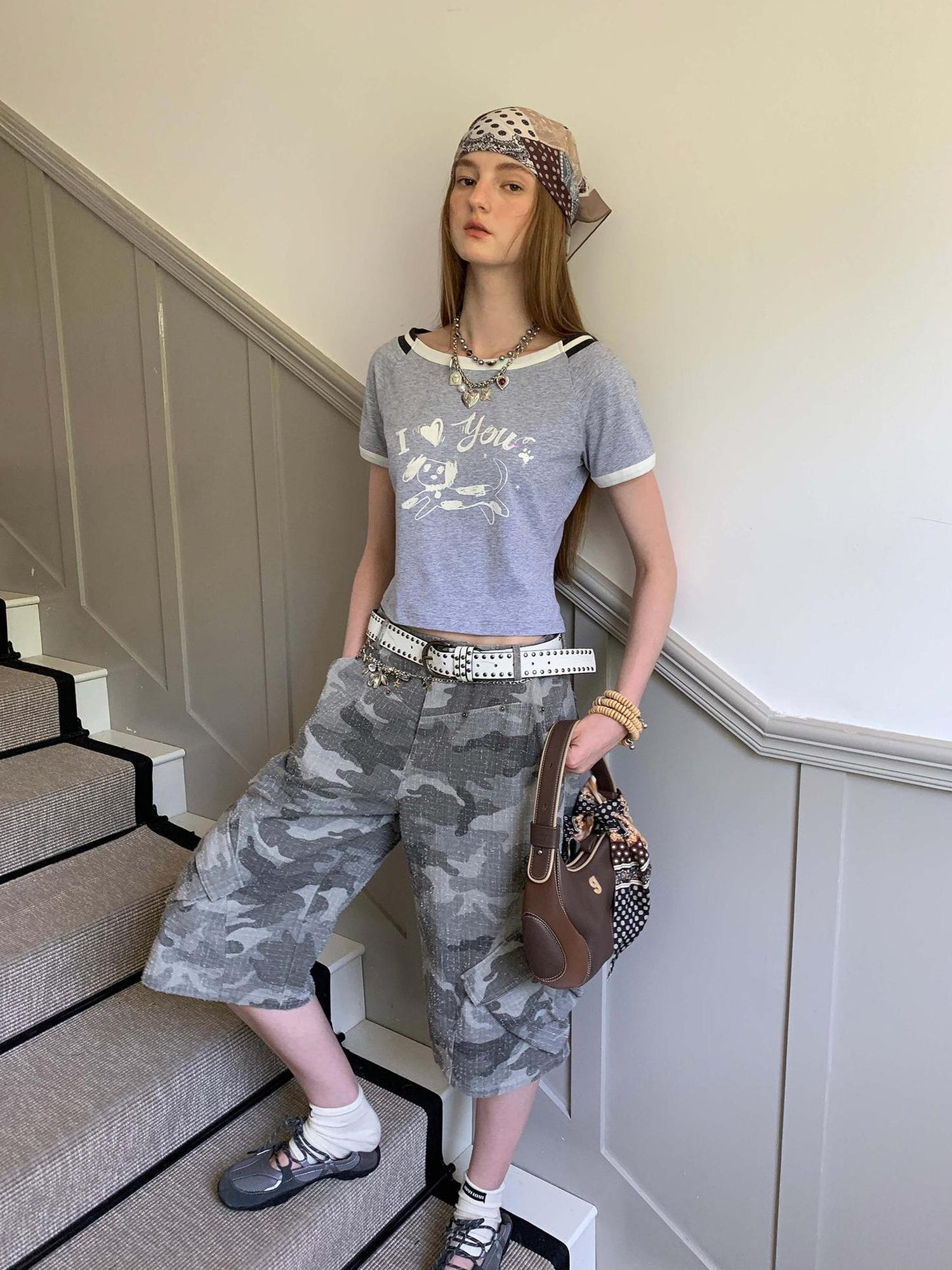 DIDDI MODA Retro Washed Camo Cropped Pants