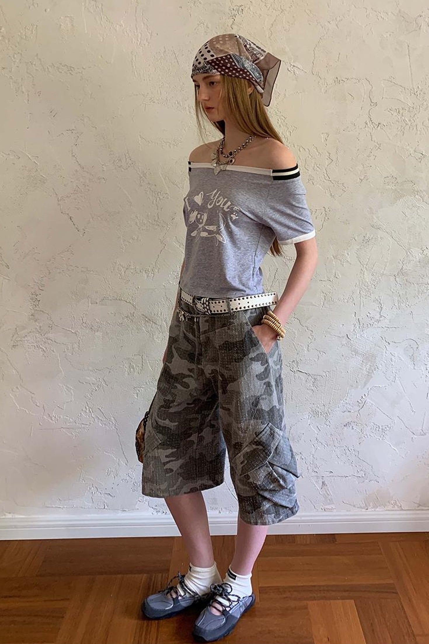 DIDDI MODA Retro Washed Camo Cropped Pants