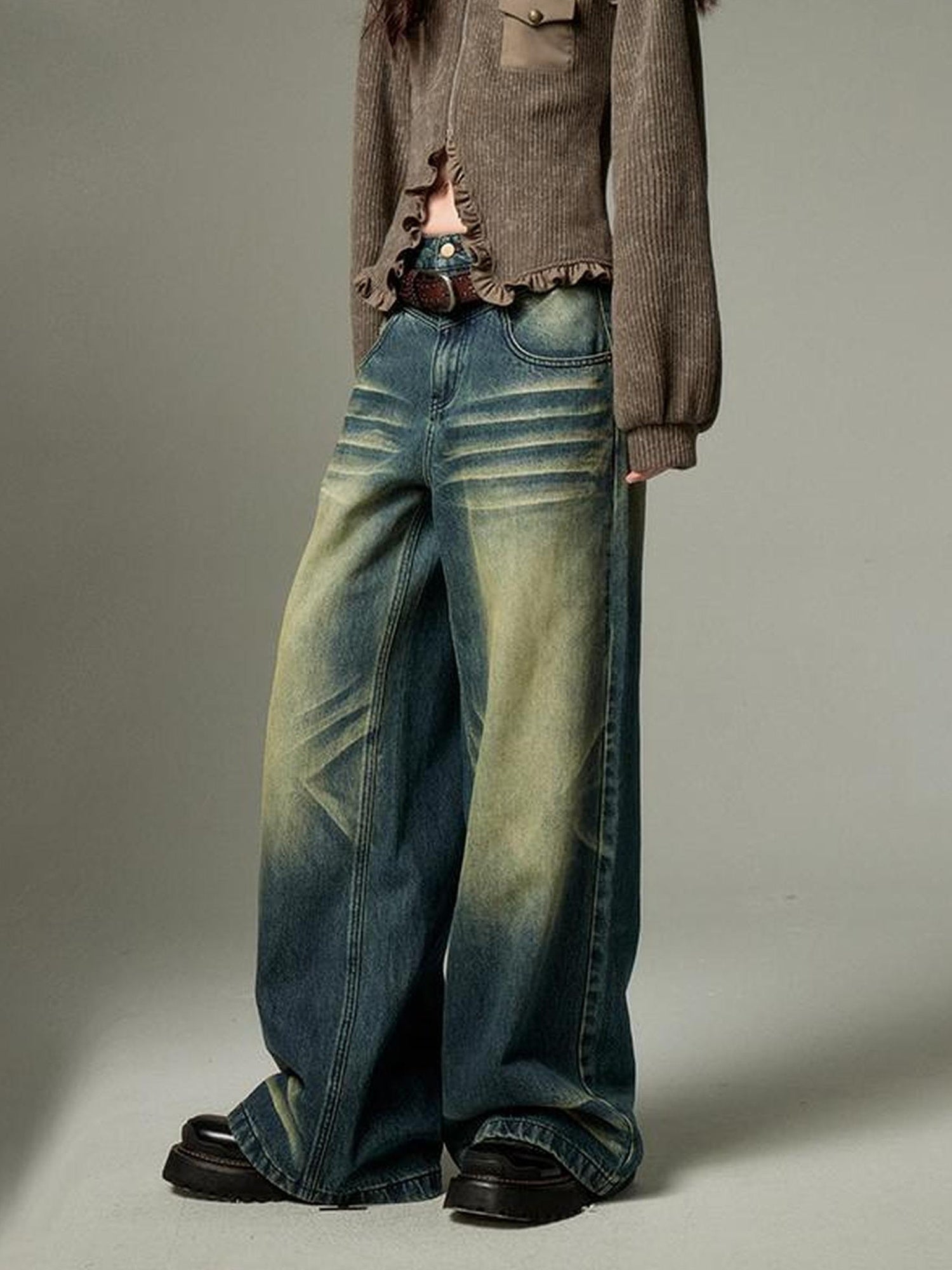 DIDDI MODA Retro Wide Leg Denim Jeans With Cat Whisker Wash