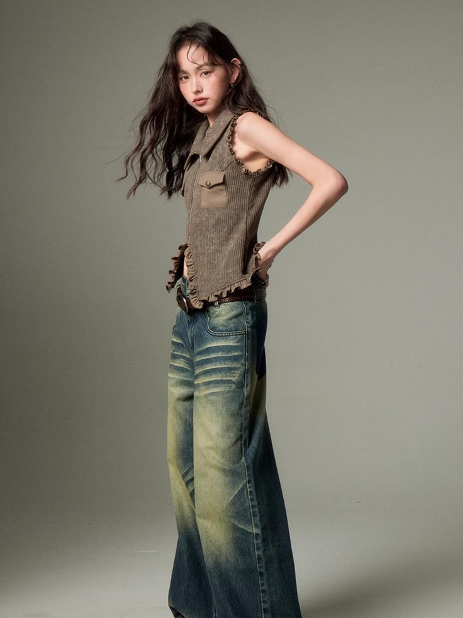 DIDDI MODA Retro Wide Leg Denim Jeans With Cat Whisker Wash