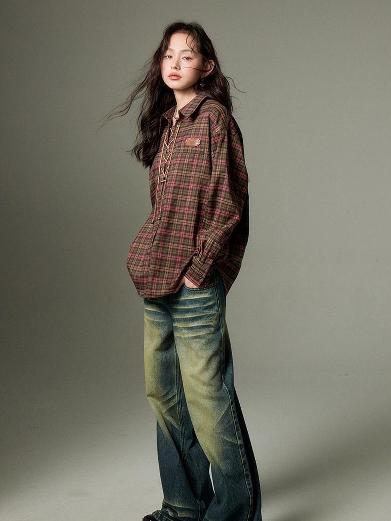 DIDDI MODA Retro Wide Leg Denim Jeans With Cat Whisker Wash