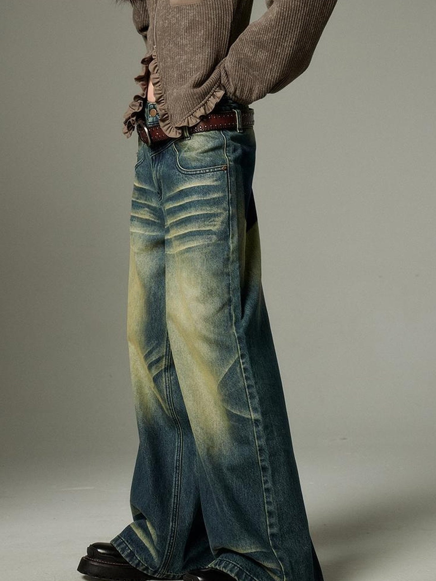 DIDDI MODA Retro Wide Leg Denim Jeans With Cat Whisker Wash