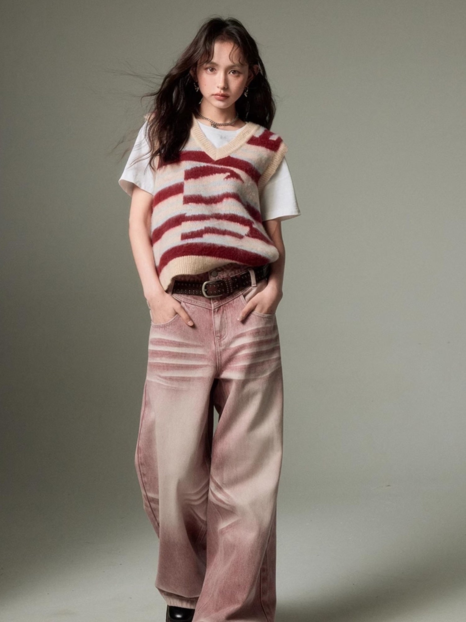 DIDDI MODA Retro Wide Leg Denim Jeans With Cat Whisker Wash