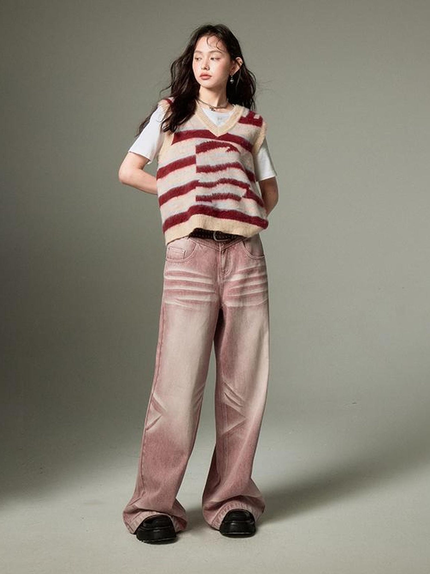 DIDDI MODA Retro Wide Leg Denim Jeans With Cat Whisker Wash