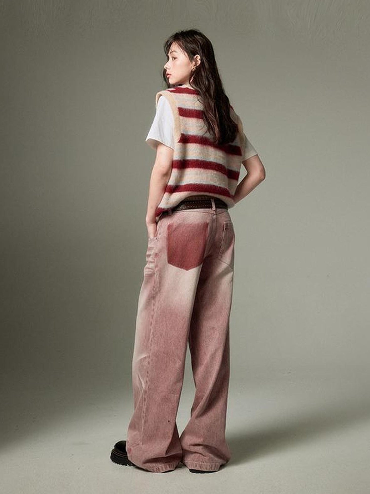 DIDDI MODA Retro Wide Leg Denim Jeans With Cat Whisker Wash