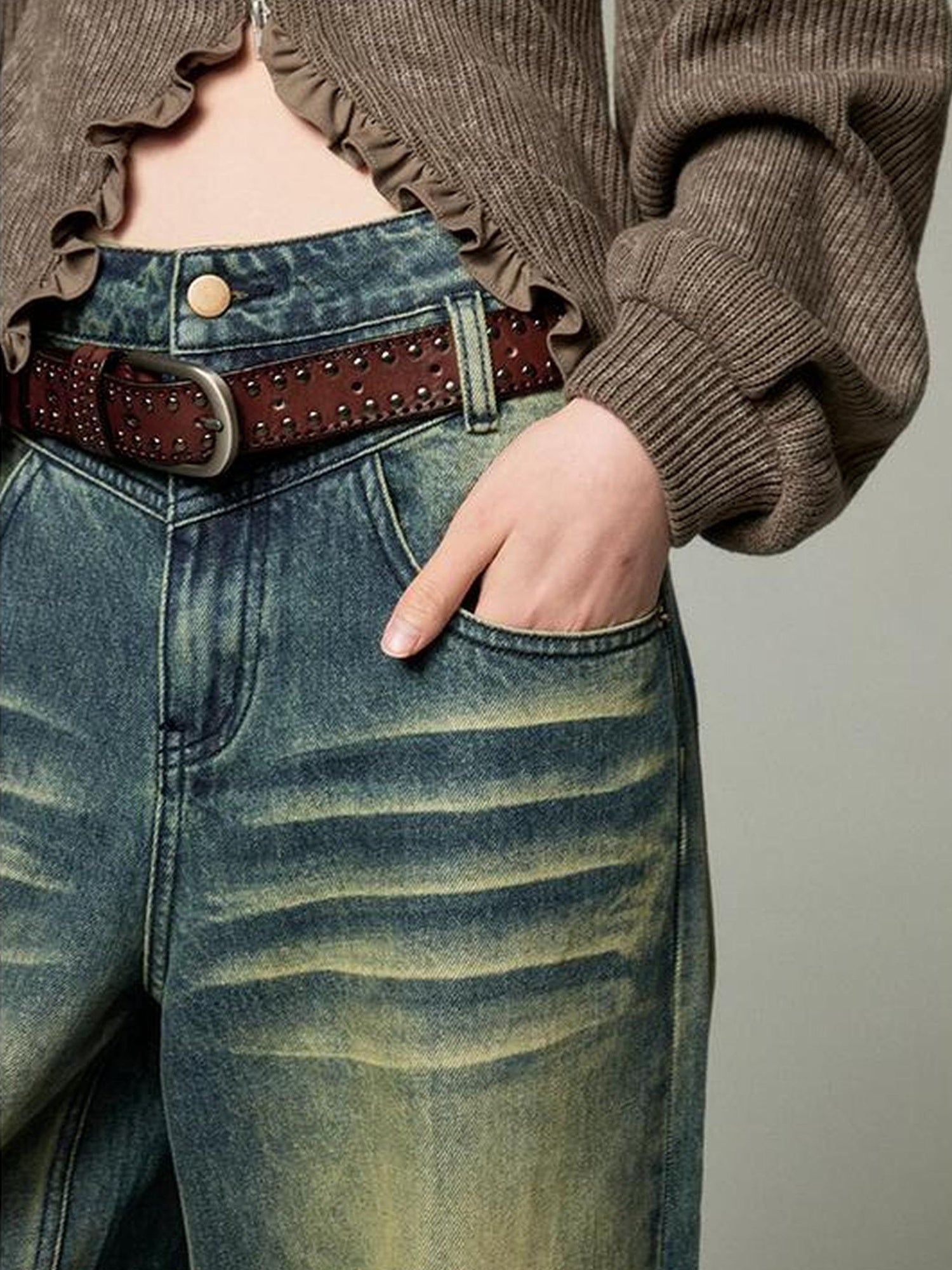 DIDDI MODA Retro Wide Leg Denim Jeans With Cat Whisker Wash