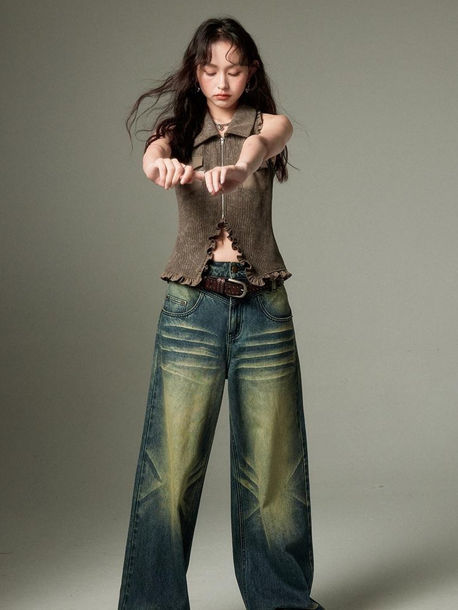 DIDDI MODA Retro Wide Leg Denim Jeans With Cat Whisker Wash