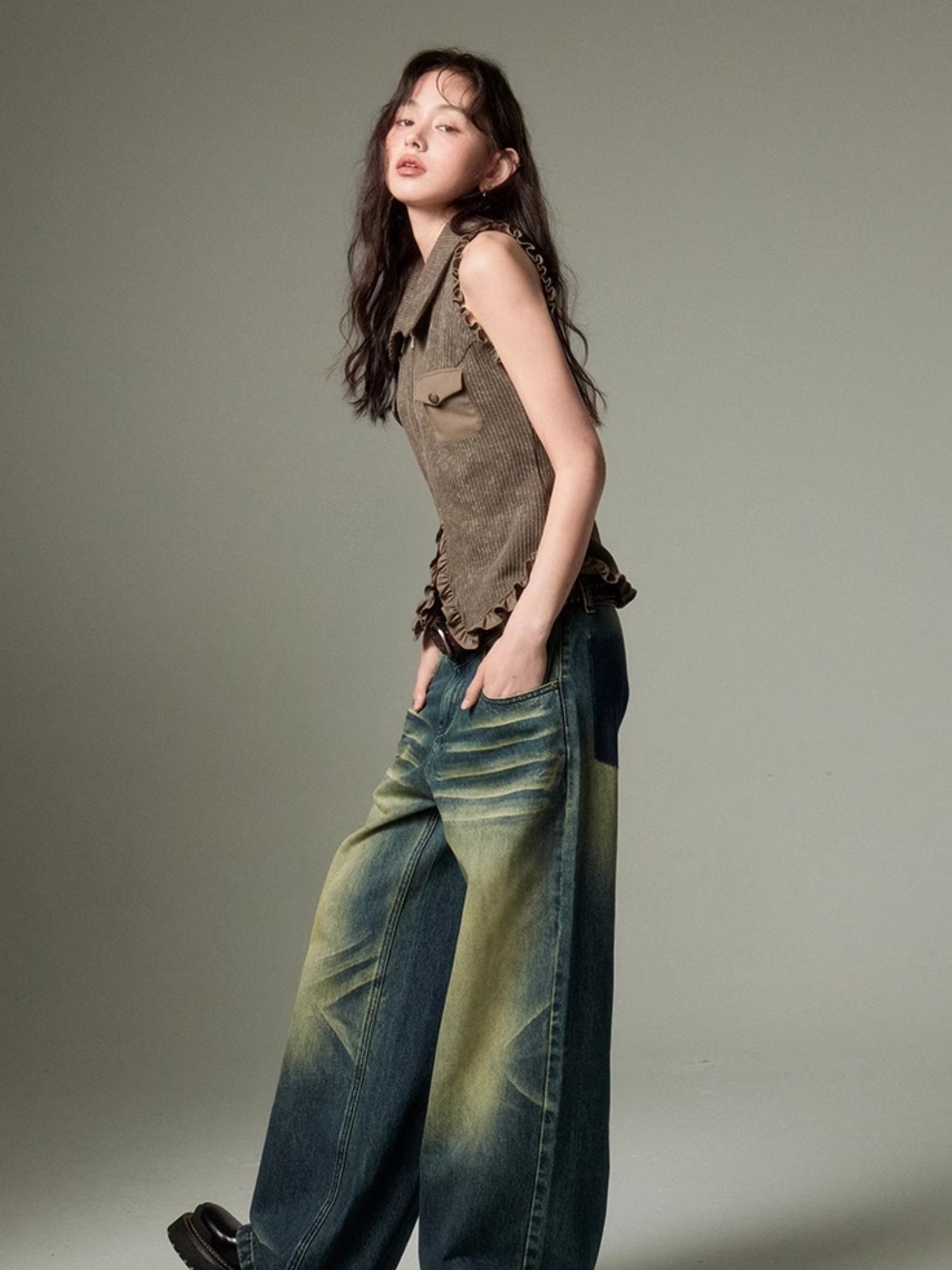 DIDDI MODA Retro Wide Leg Denim Jeans With Cat Whisker Wash