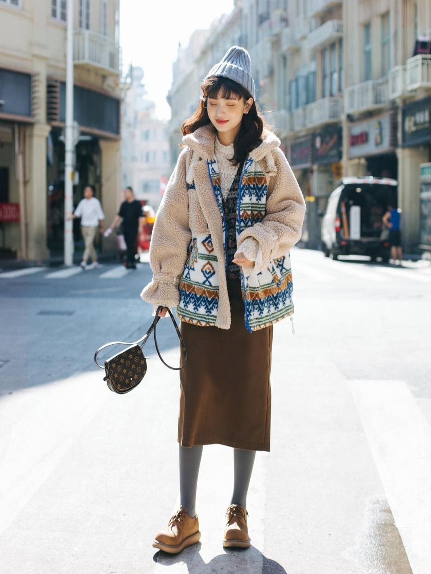 Sweet Mi Retro Wool High Waist A Line Skirt Thick Soft French Style Winter