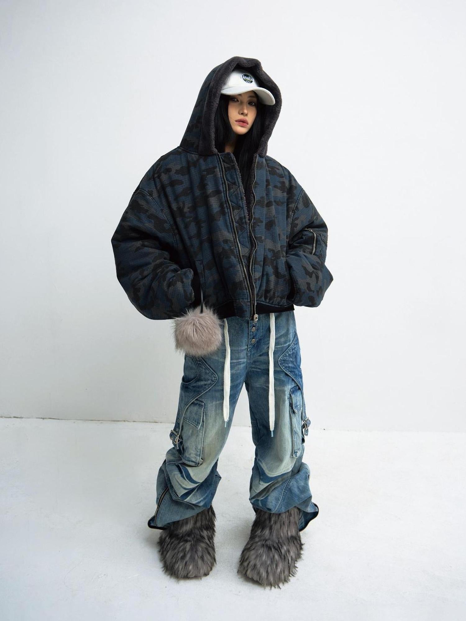 Peoplesense Reversible Camo Hooded Cotton Jacket Thickened Lambswool Fleece