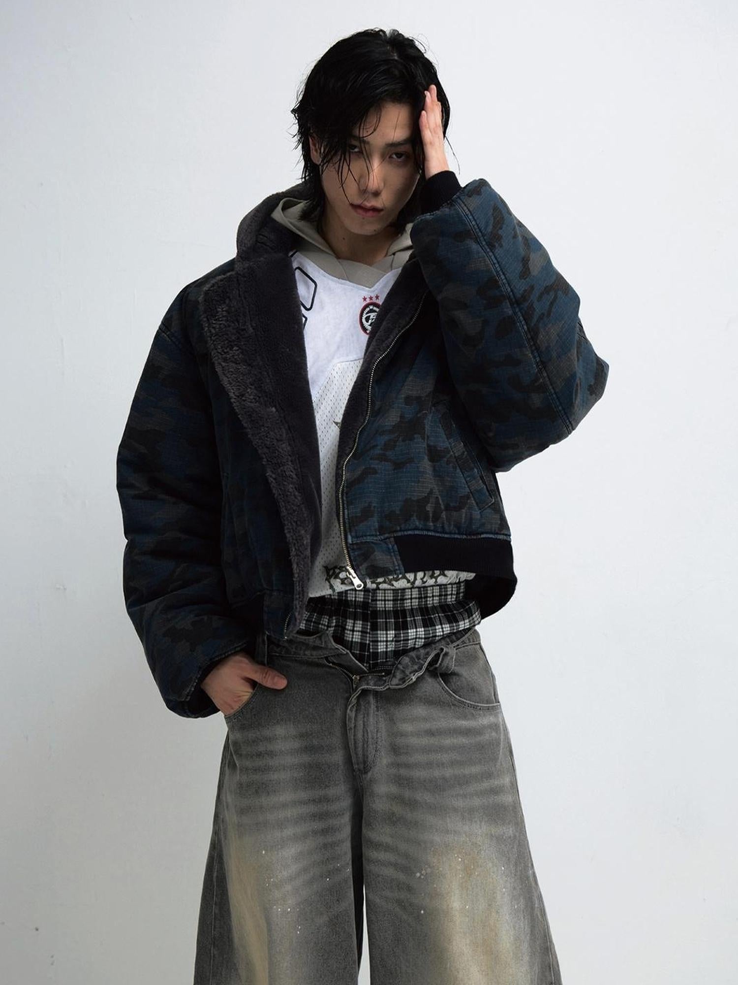 Peoplesense Reversible Camo Hooded Cotton Jacket Thickened Lambswool Fleece