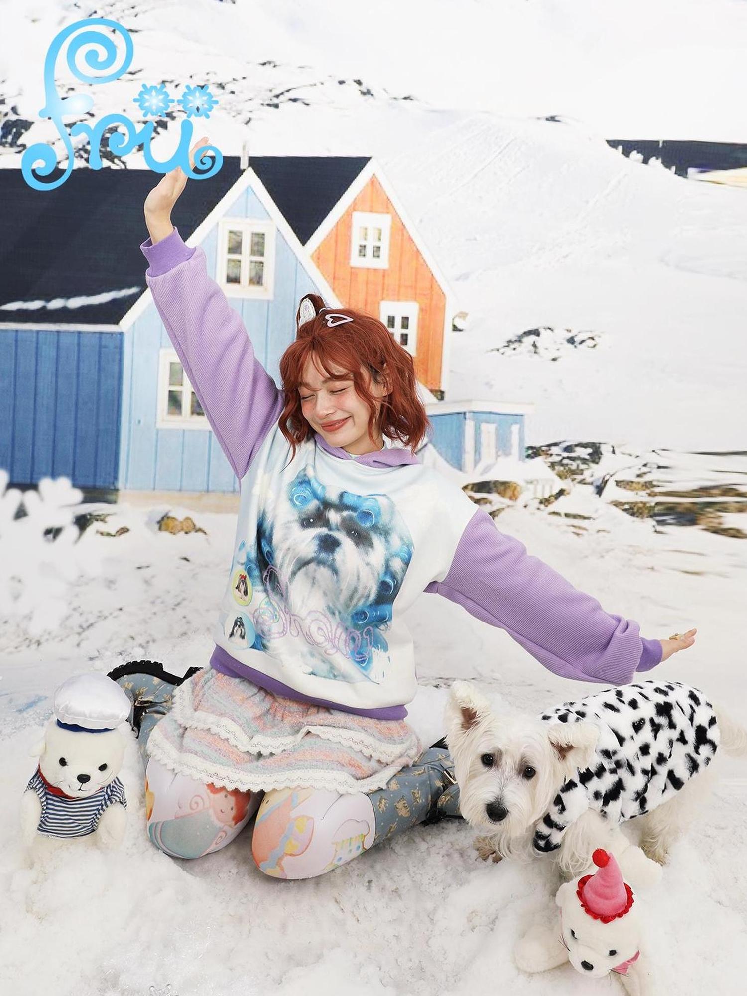 Frufru Gulu Reversible Contrast Hoodie Winter Snow Farm Print Loose Fit