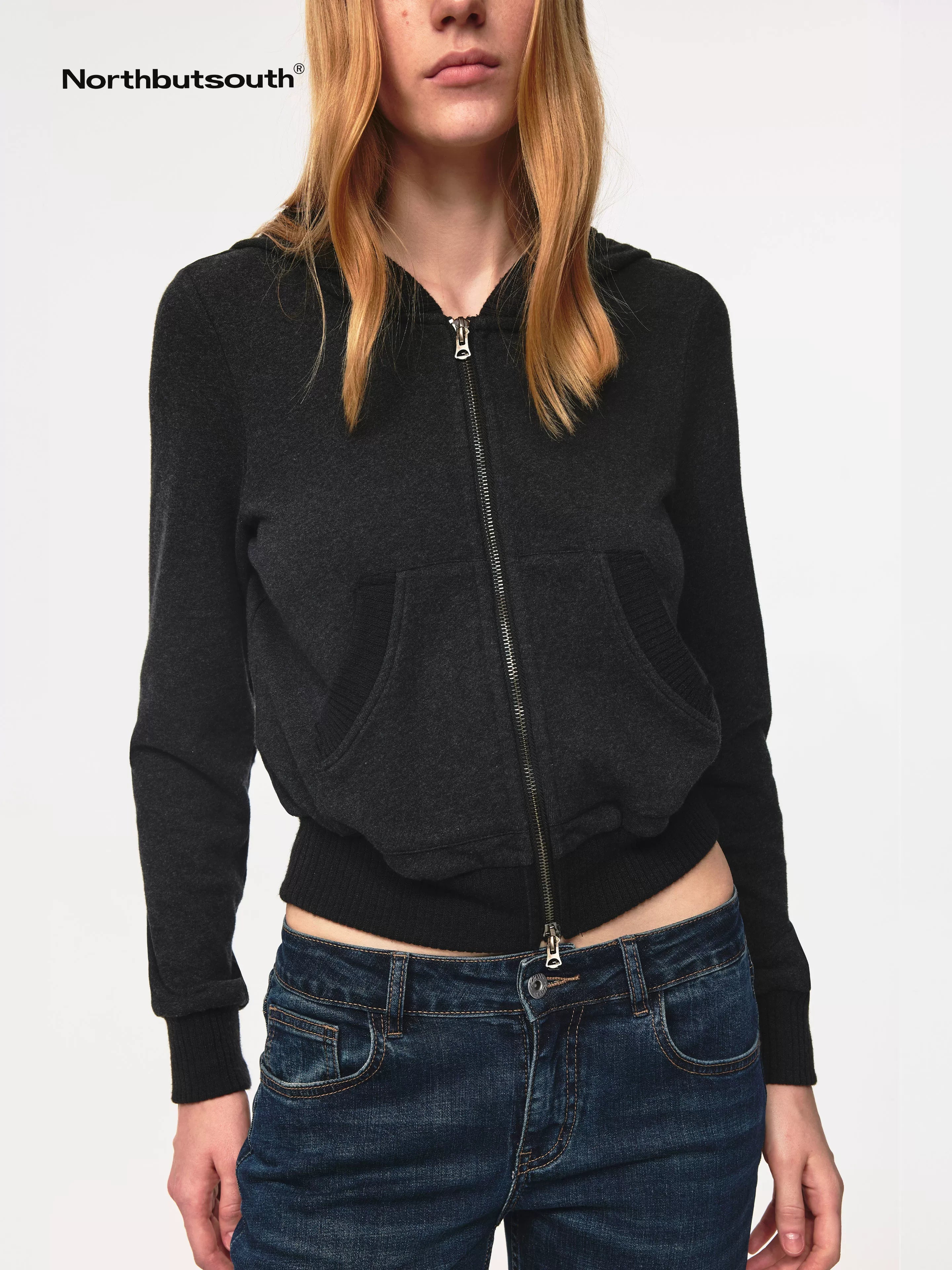 Ribbed Knit Trim Dual Zip Hooded Crop Jacket
