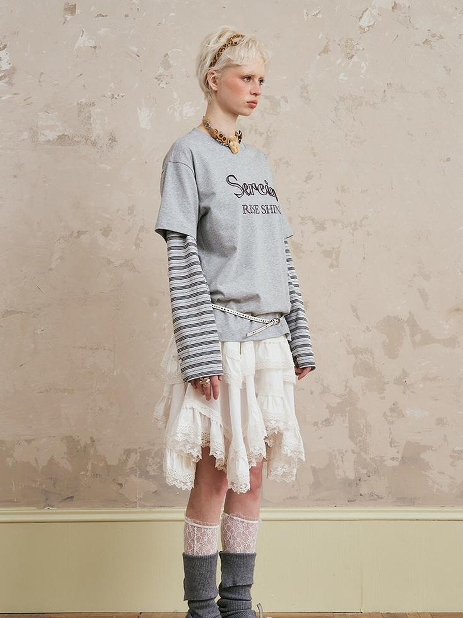 DIDDI MODA Rise Shine Layered Embroidered Cotton Tee