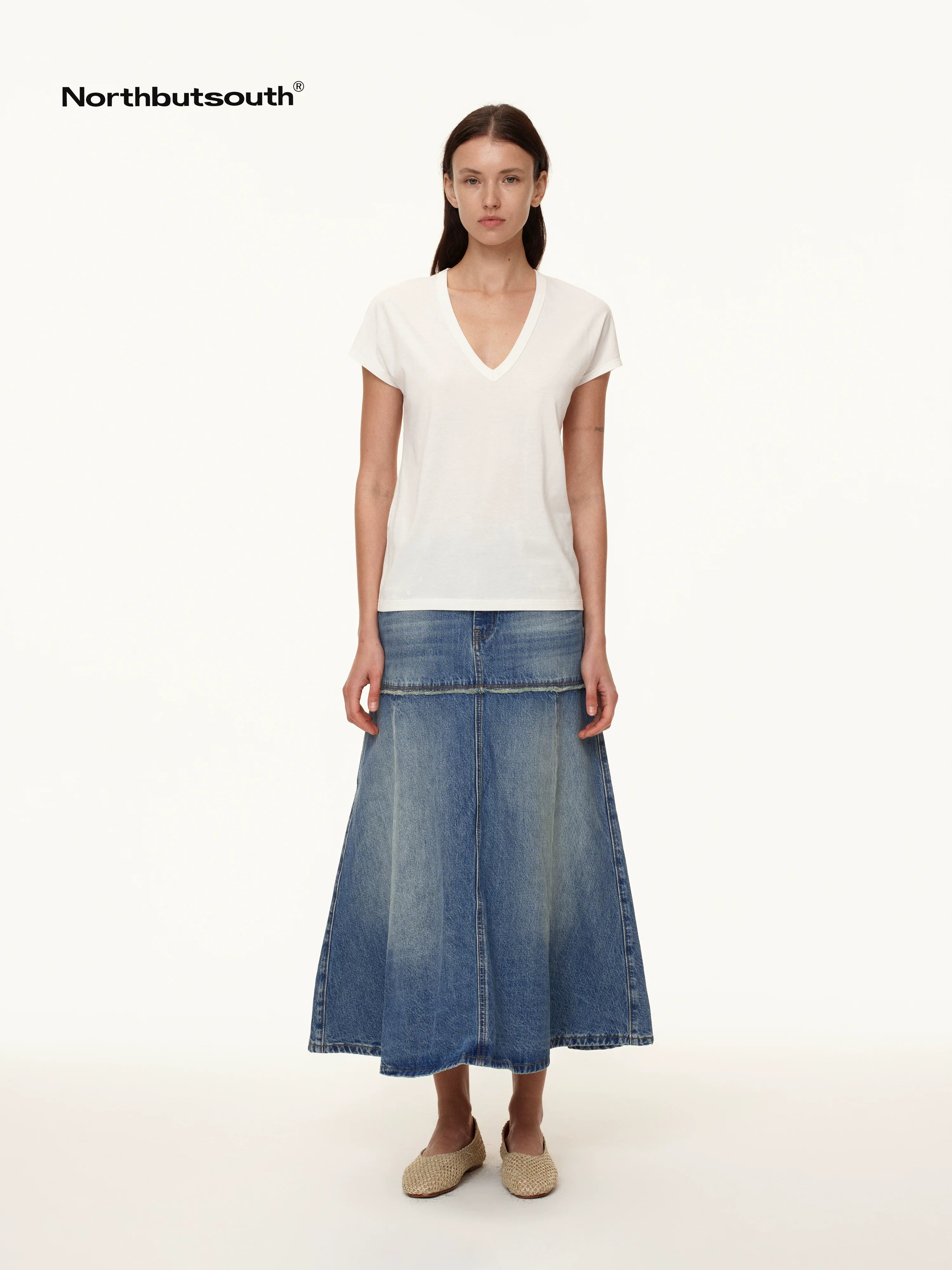Rivet Detail Raw Hem Denim A Line Midi Skirt
