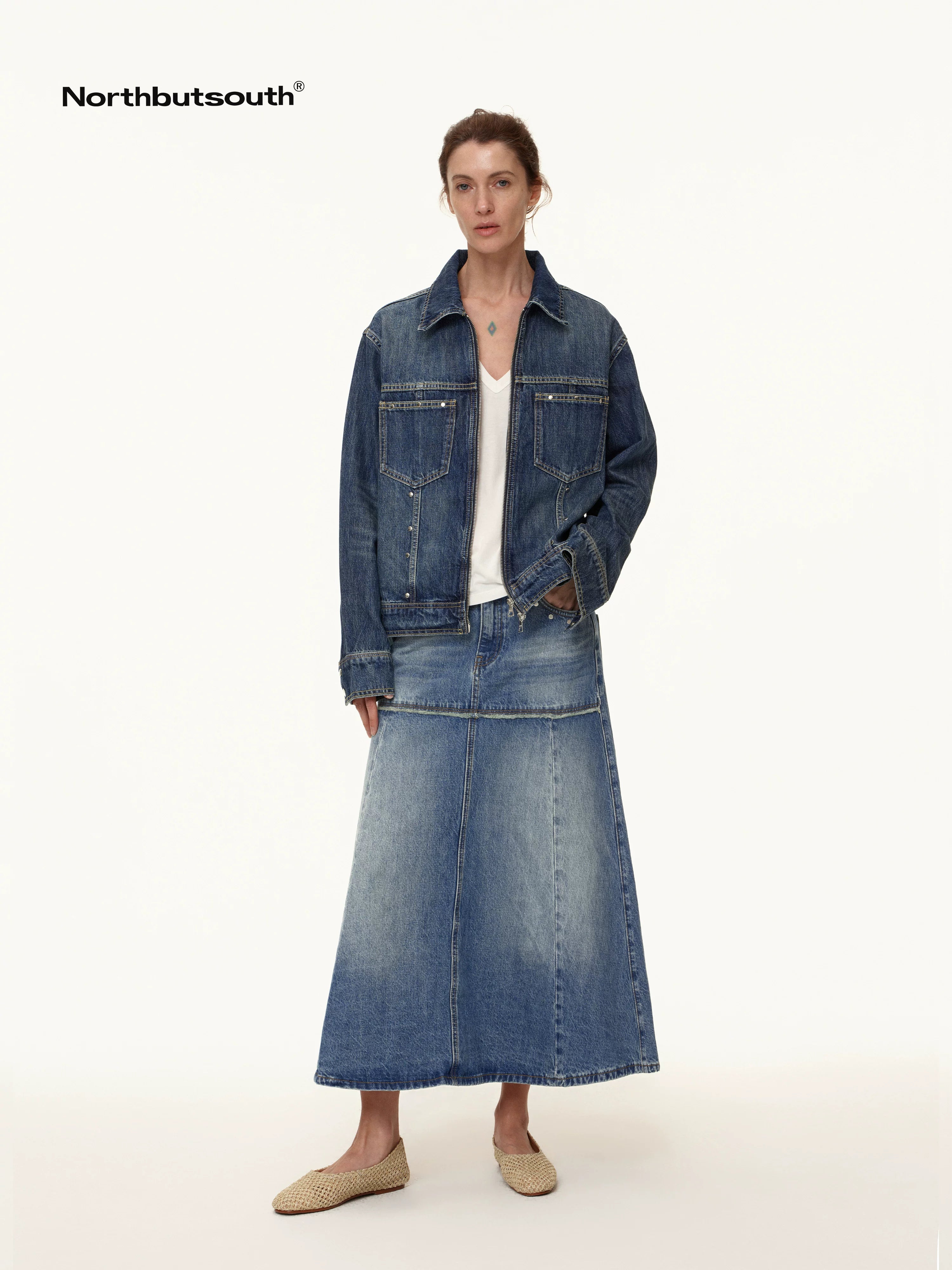 Rivet Detail Raw Hem Denim A Line Midi Skirt
