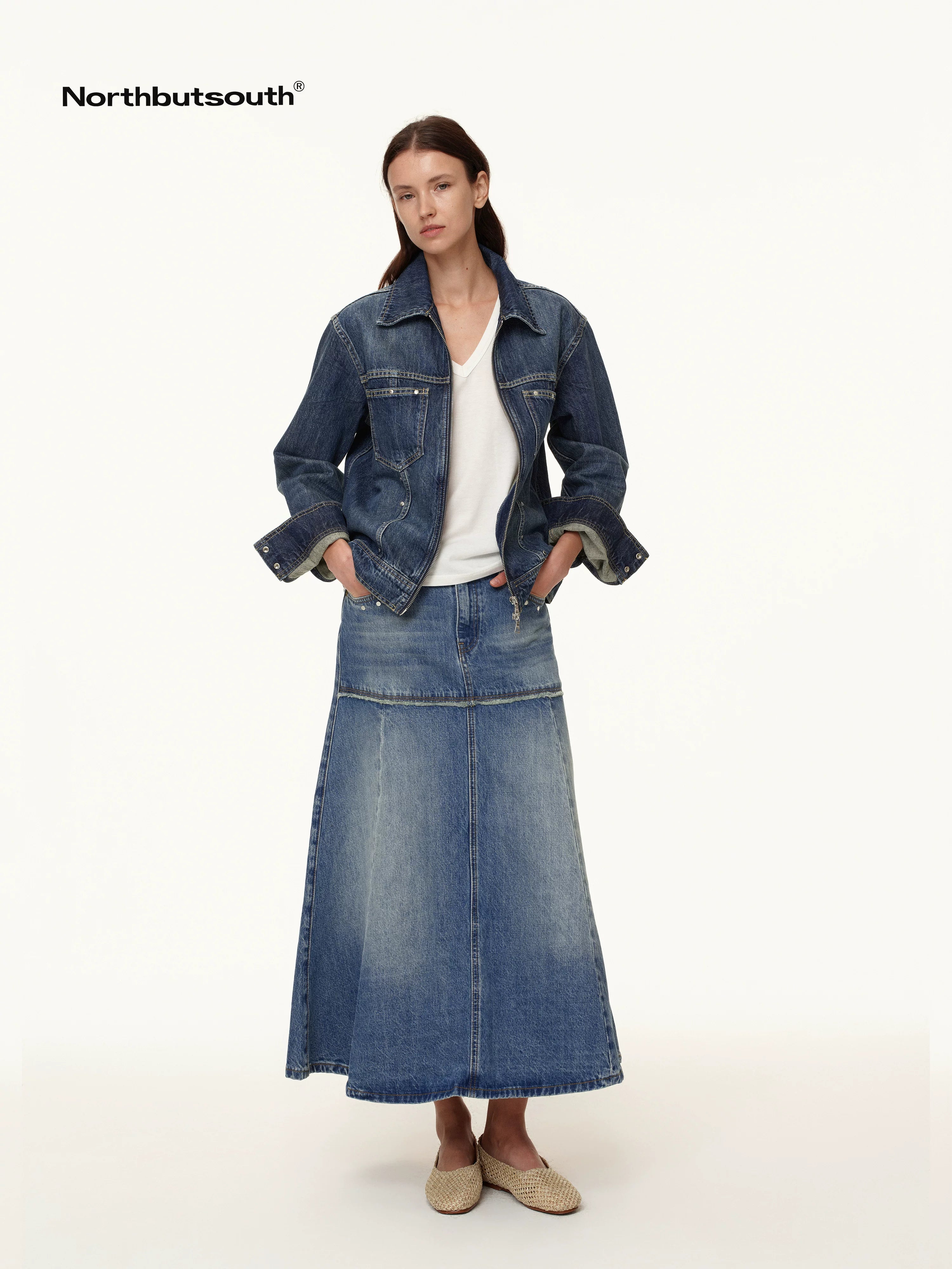Rivet Detail Raw Hem Denim A Line Midi Skirt