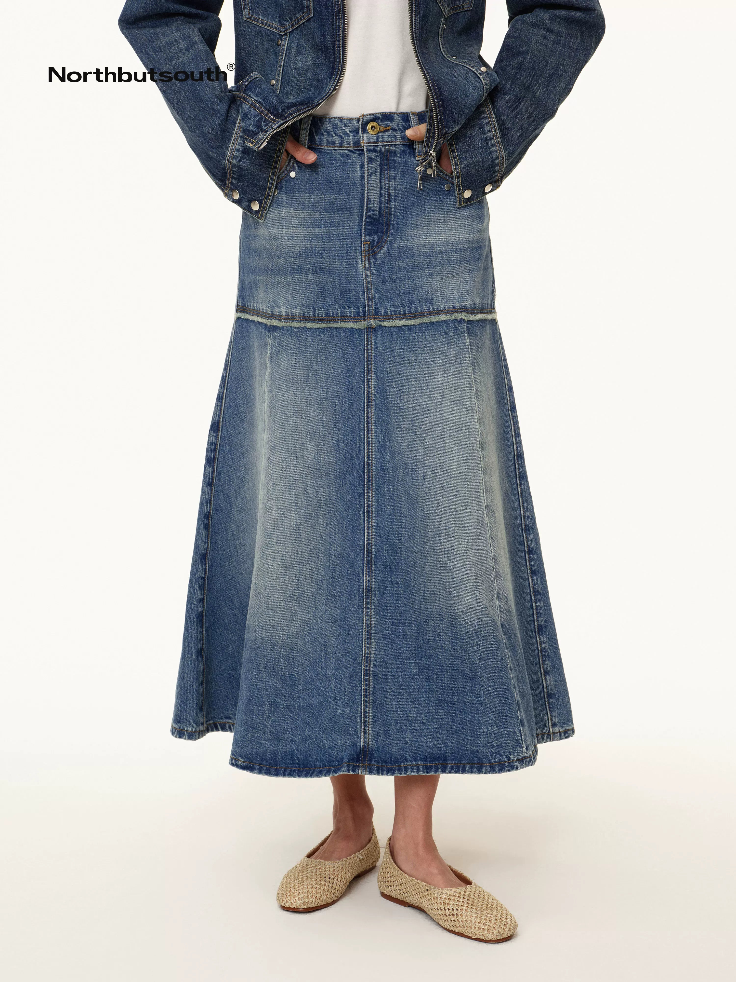 Rivet Detail Raw Hem Denim A Line Midi Skirt