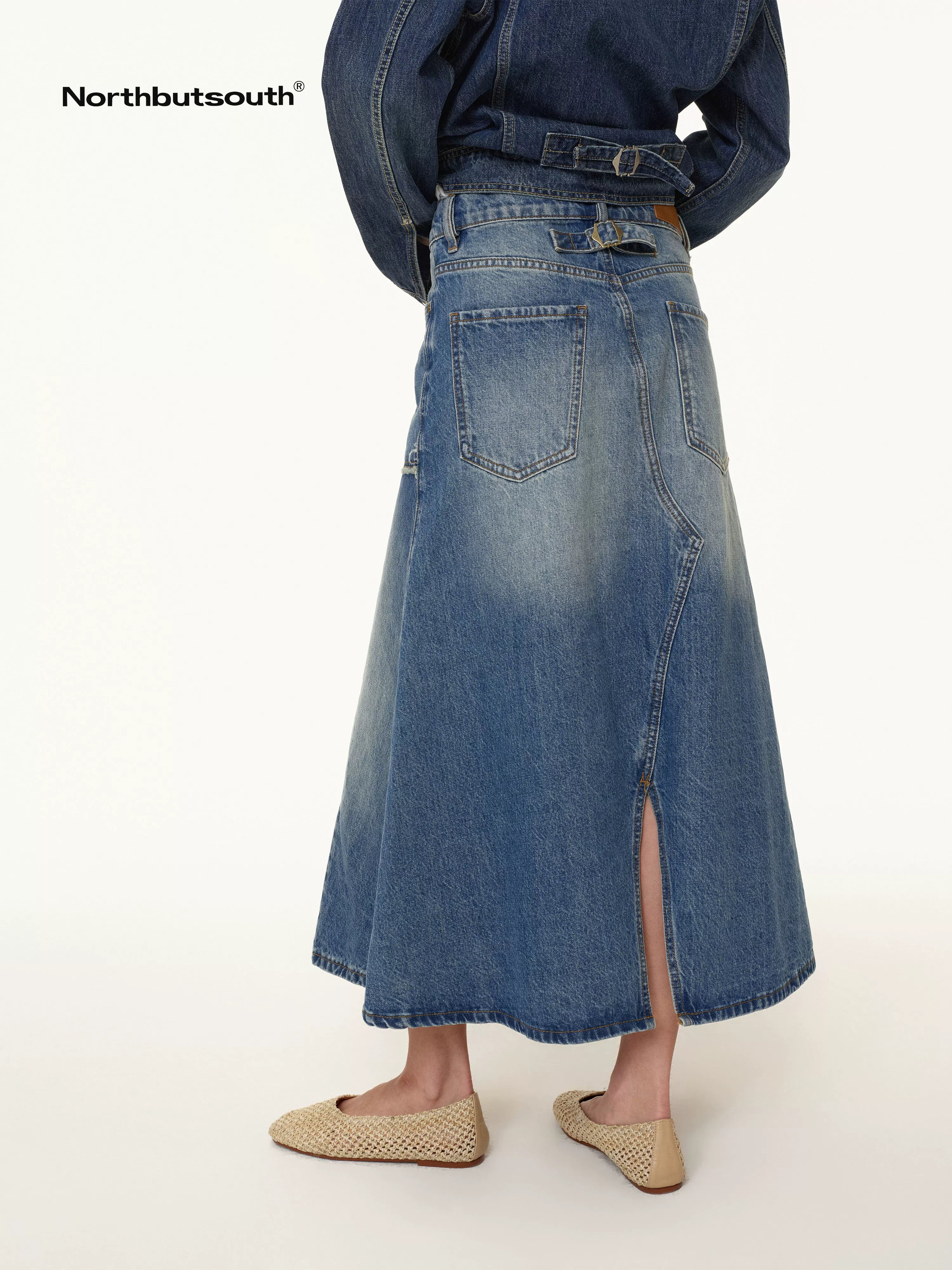 Rivet Detail Raw Hem Denim A Line Midi Skirt