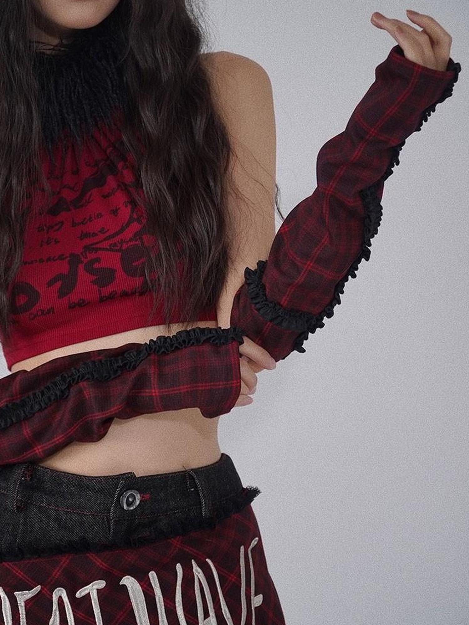 WSW WUSHENWU Rock Chic Red Black Plaid Sleeveless Top