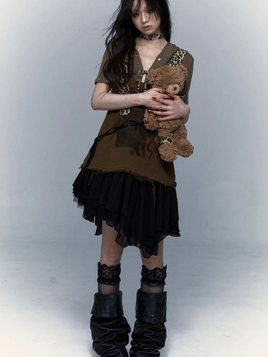 Rocky Playful Patch Leopard Bear Tie Asymetric Strappy Dress