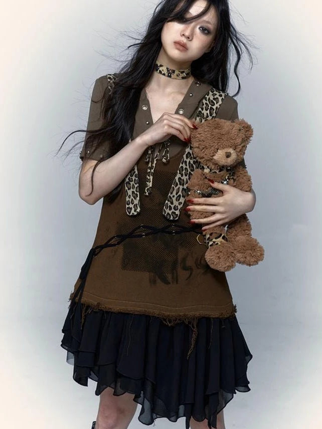 Rocky Playful Patch Leopard Bear Tie Asymetric Strappy Dress
