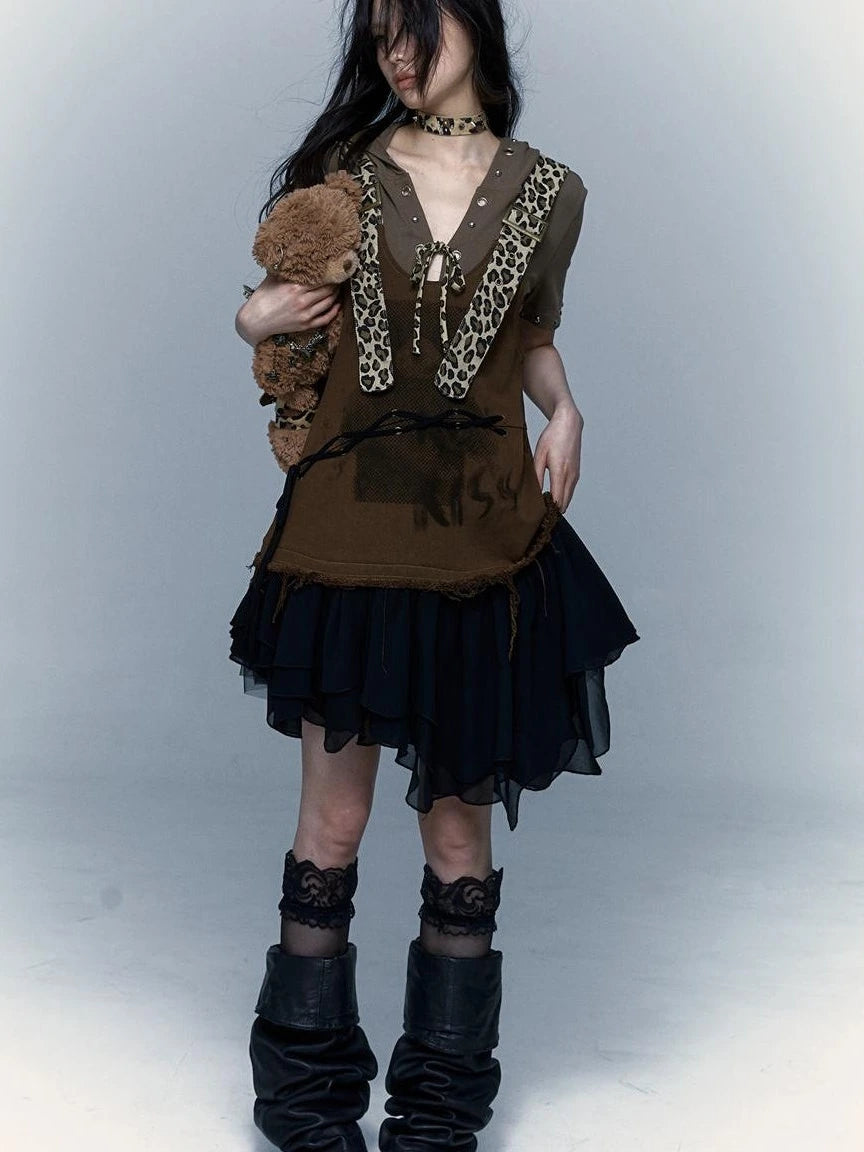 Rocky Playful Patch Leopard Bear Tie Asymetric Strappy Dress