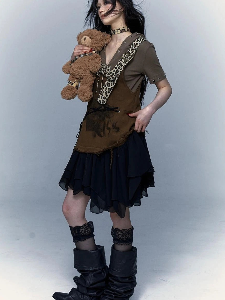 Rocky Playful Patch Leopard Bear Tie Asymetric Strappy Dress