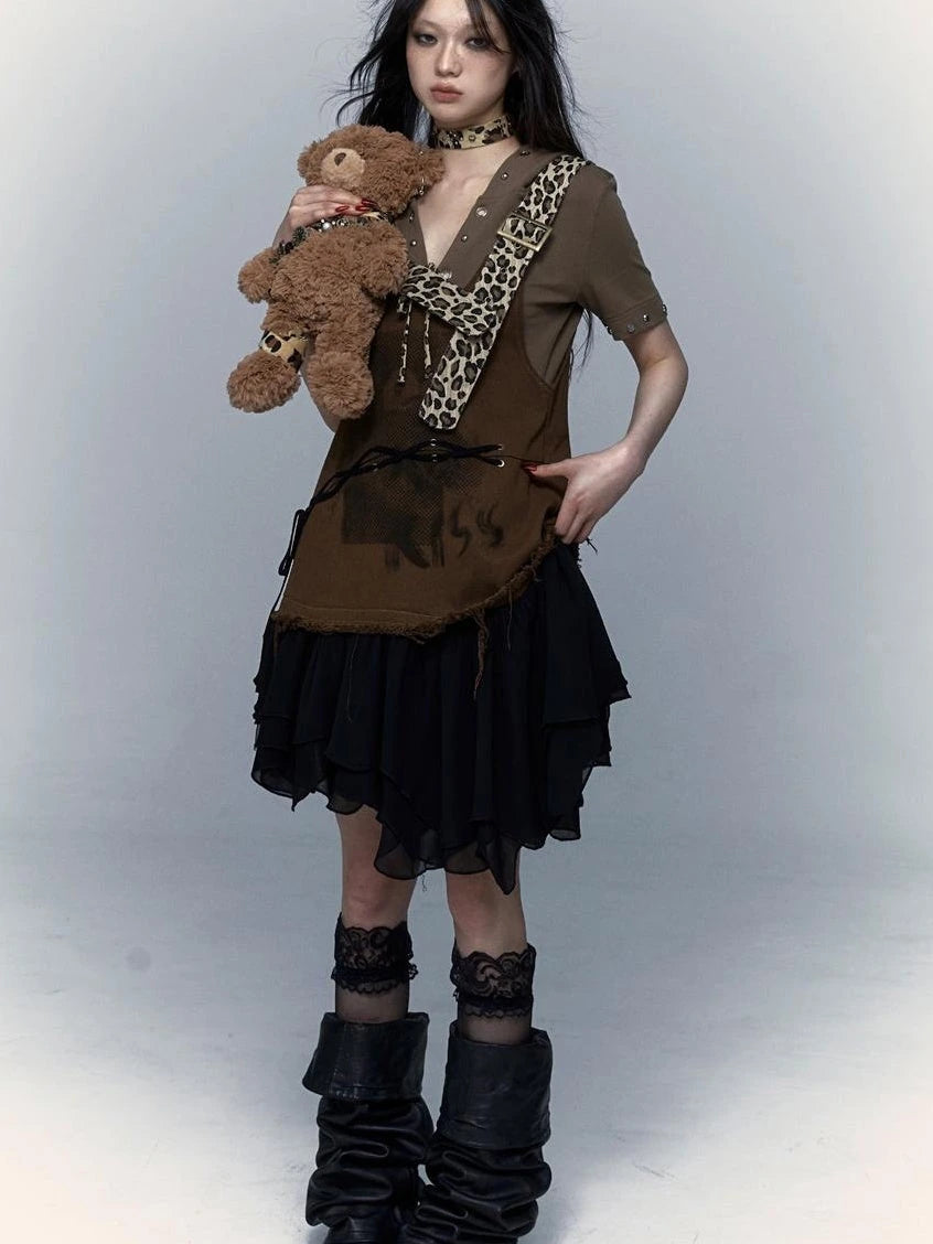 Rocky Playful Patch Leopard Bear Tie Asymetric Strappy Dress
