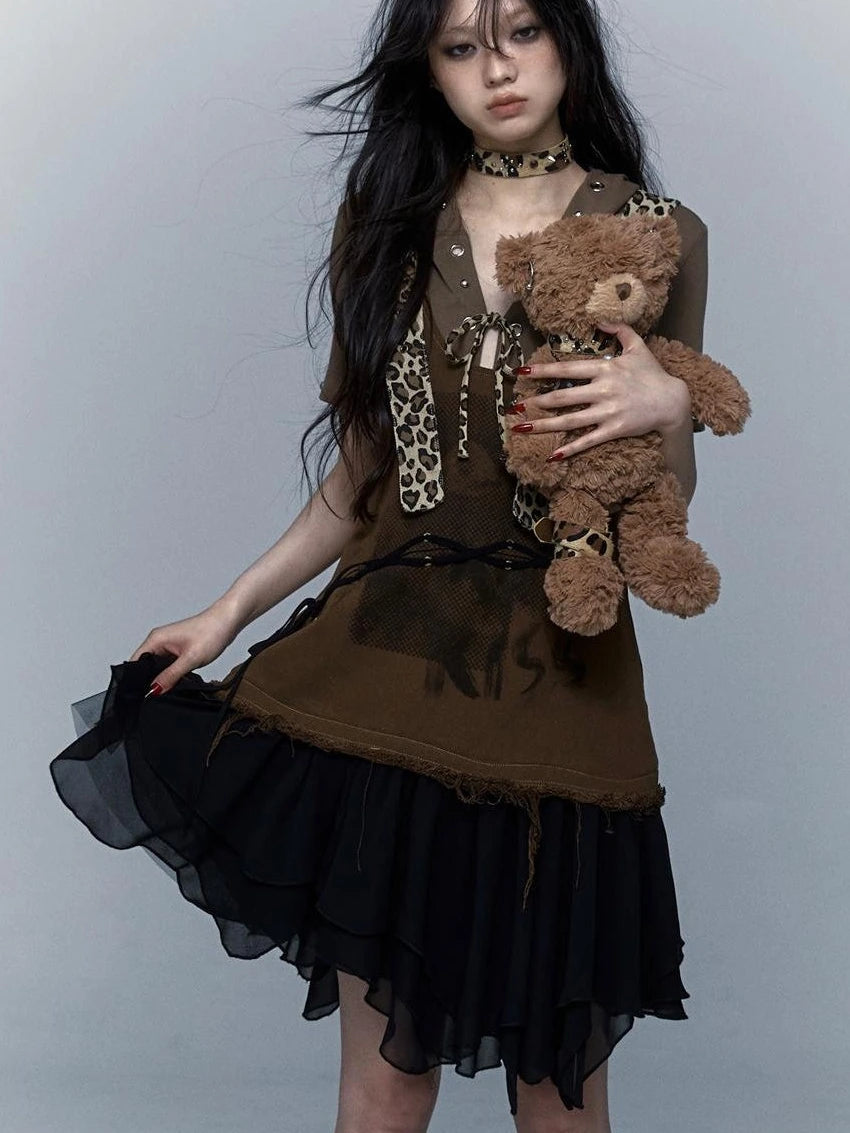 Rocky Playful Patch Leopard Bear Tie Asymetric Strappy Dress