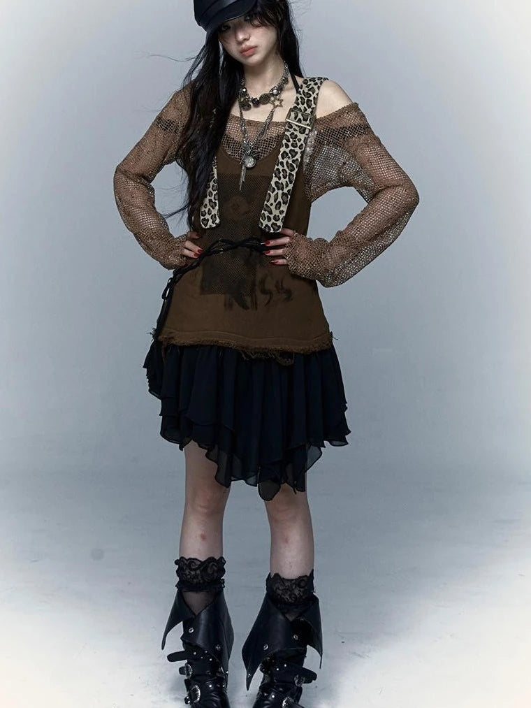 Rocky Playful Patch Leopard Bear Tie Asymetric Strappy Dress