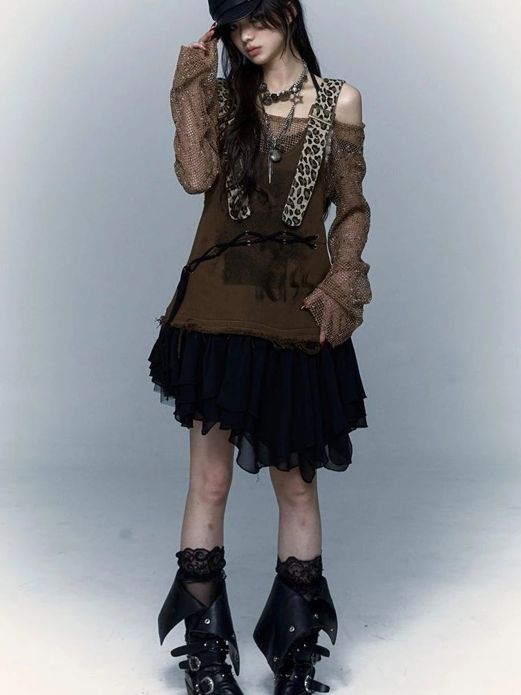Rocky Playful Patch Leopard Bear Tie Asymetric Strappy Dress