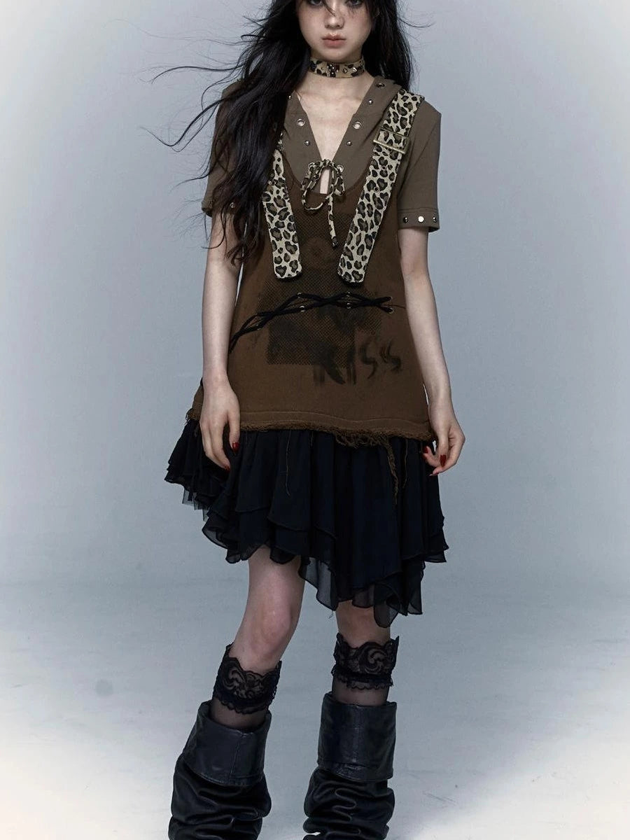 Rocky Playful Patch Leopard Bear Tie Asymetric Strappy Dress