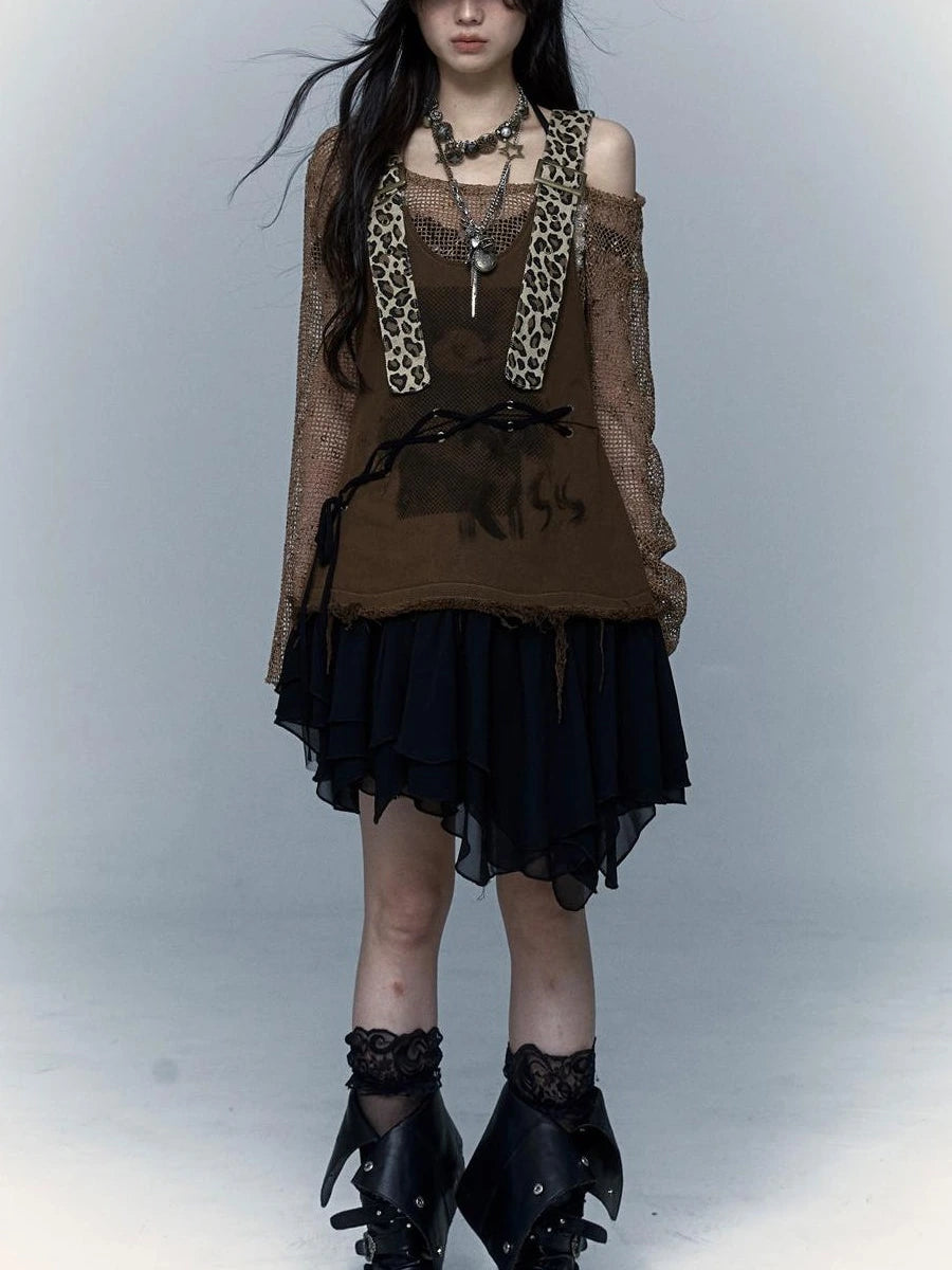 Rocky Playful Patch Leopard Bear Tie Asymetric Strappy Dress