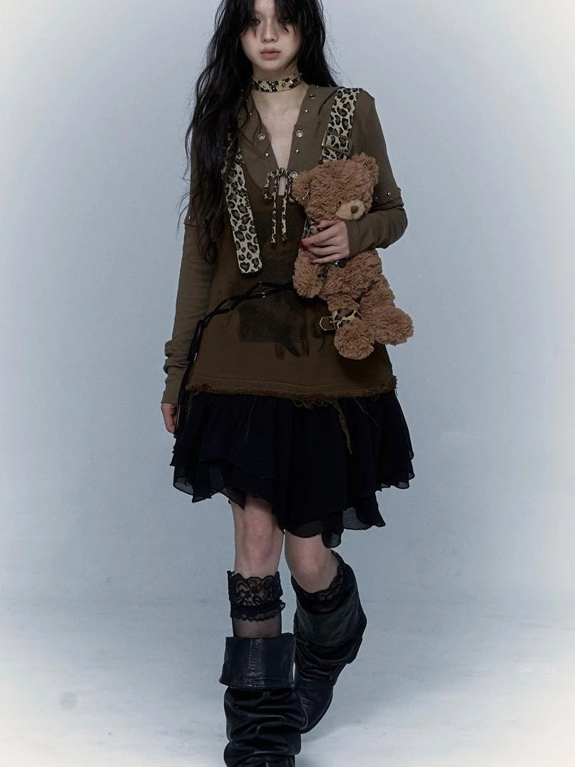 Rocky Playful Patch Leopard Bear Tie Asymetric Strappy Dress