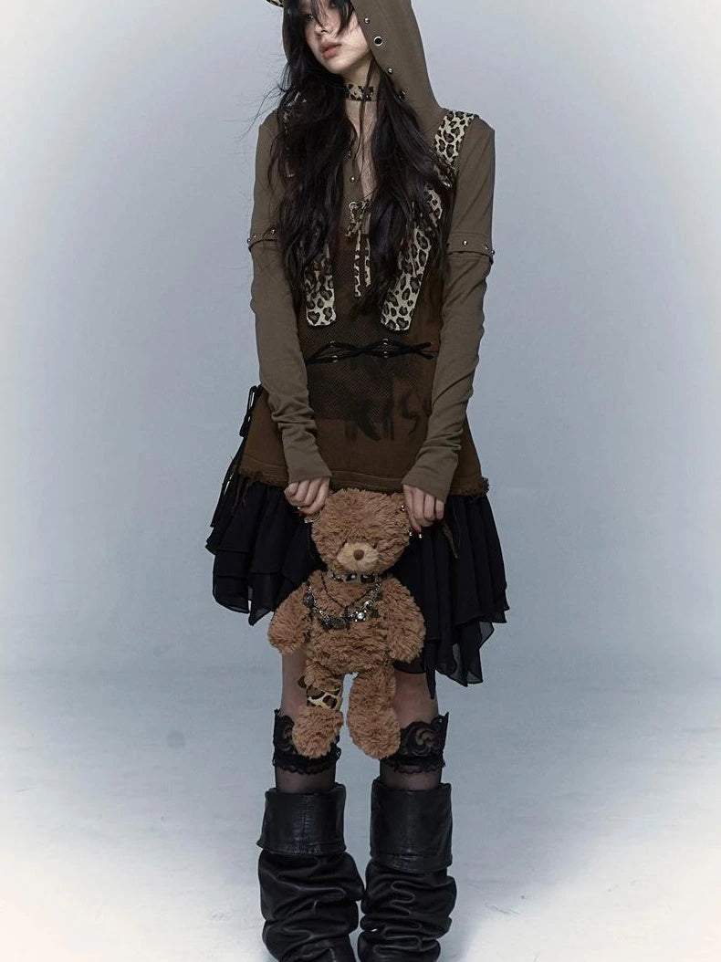 Rocky Playful Patch Leopard Bear Tie Asymetric Strappy Dress