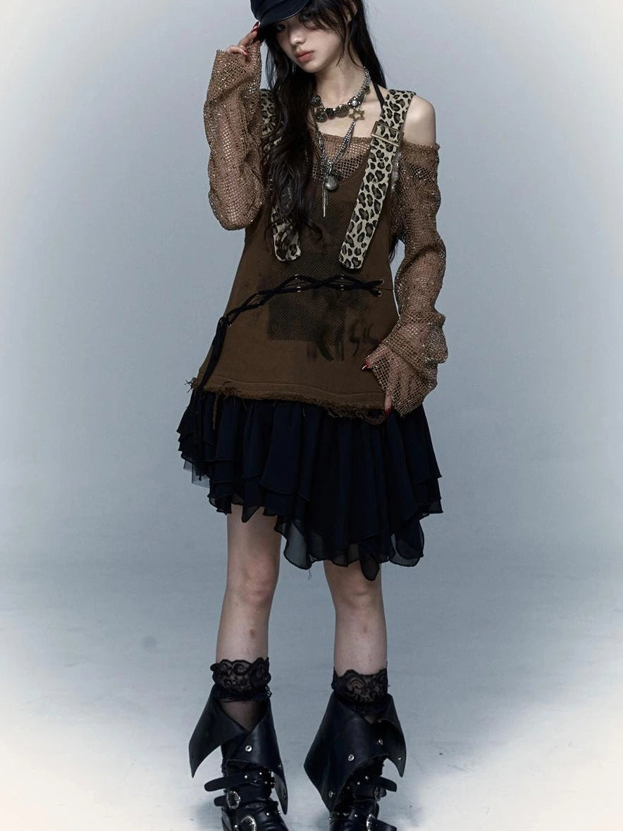 Rocky Playful Patch Leopard Bear Tie Asymetric Strappy Dress