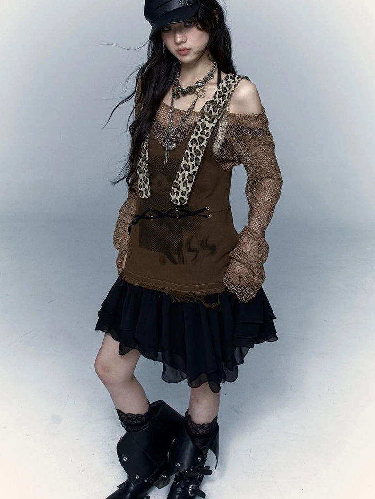 Rocky Playful Patch Leopard Bear Tie Asymetric Strappy Dress