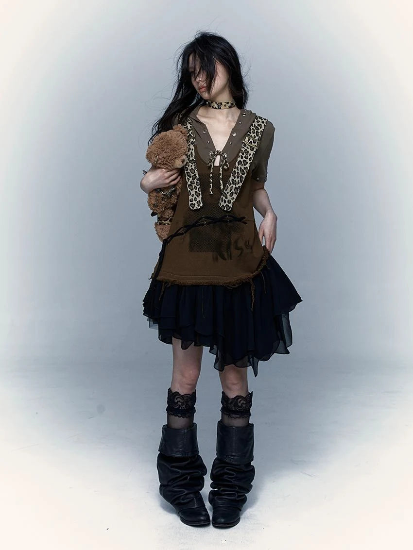 Rocky Playful Patch Leopard Bear Tie Asymetric Strappy Dress