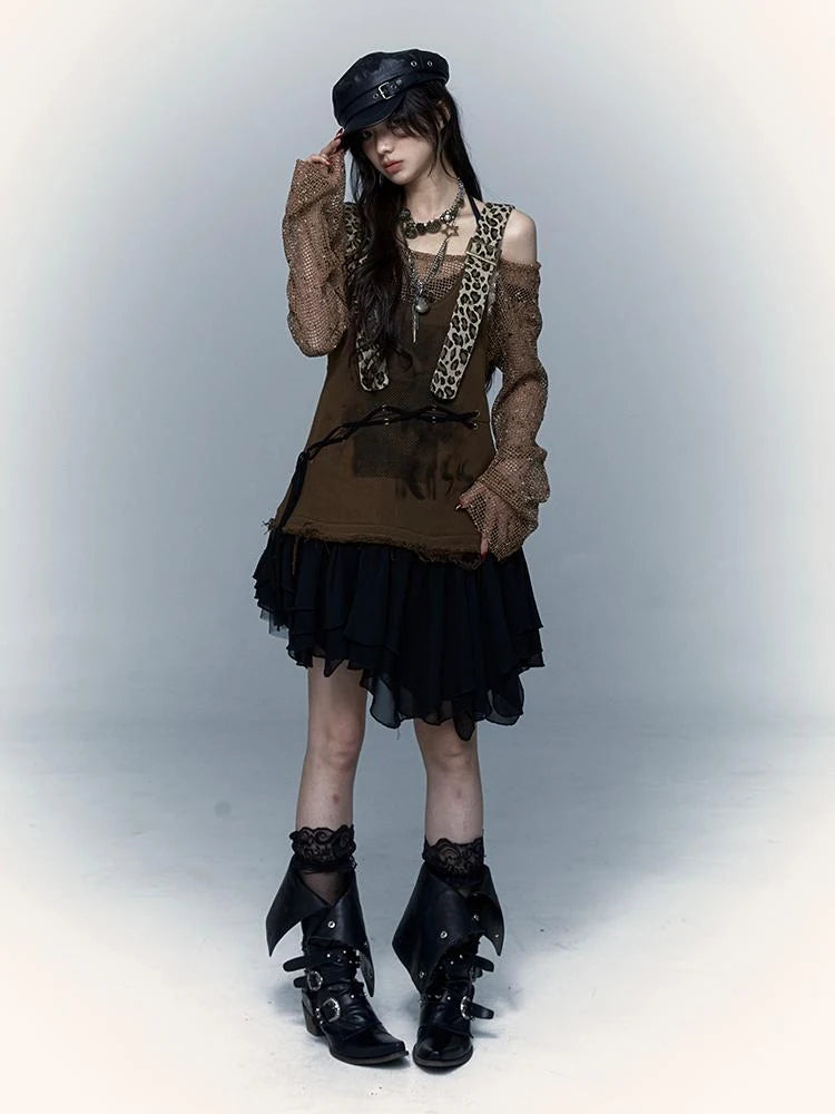 Rocky Playful Patch Leopard Bear Tie Asymetric Strappy Dress