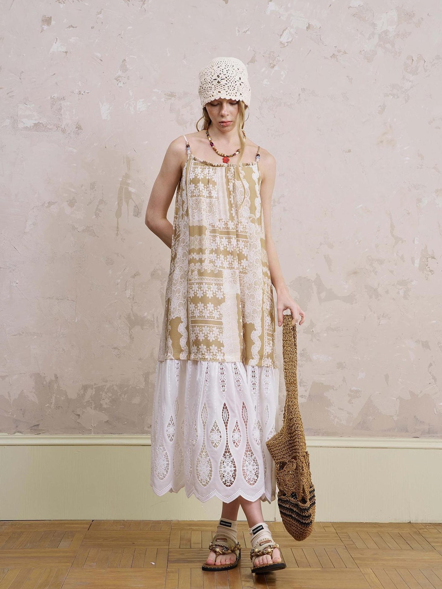 DIDDI MODA Romantic Lace Trim Floral Embroidery A Line Summer Dress