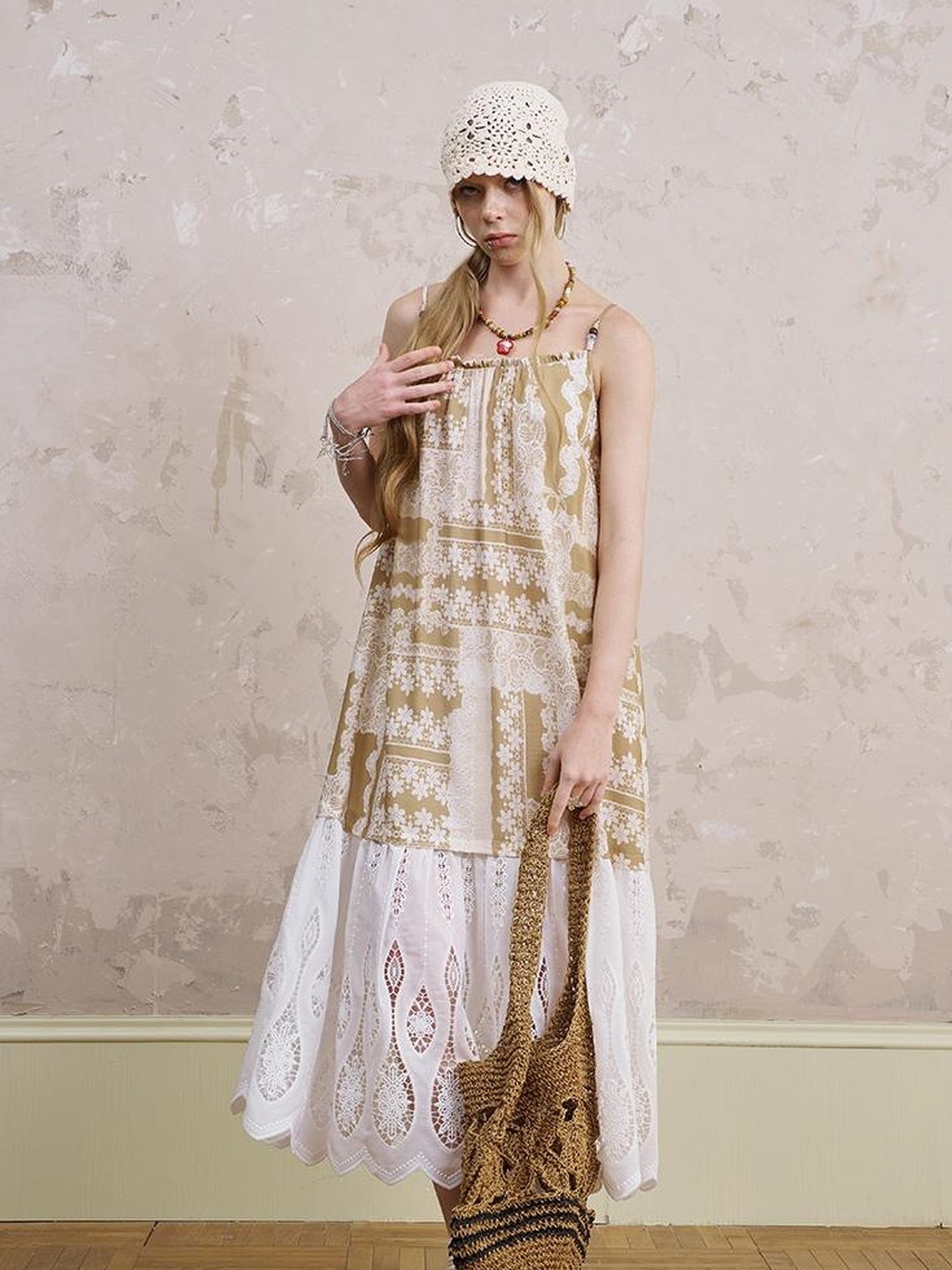 DIDDI MODA Romantic Lace Trim Floral Embroidery A Line Summer Dress