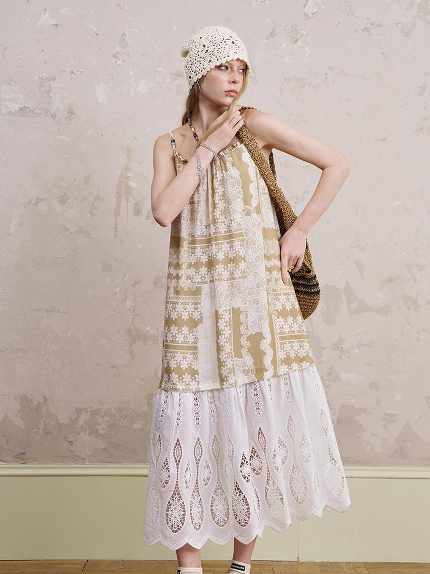 DIDDI MODA Romantic Lace Trim Floral Embroidery A Line Summer Dress