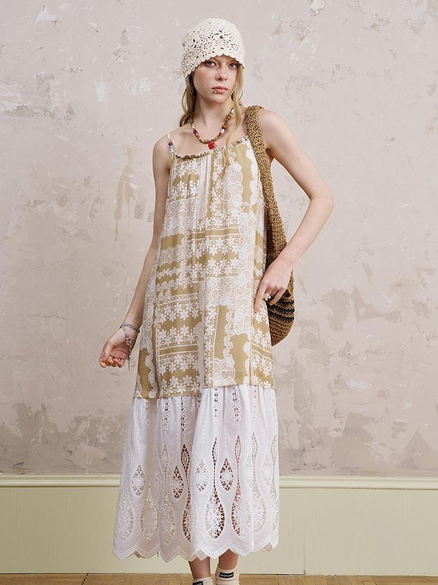 DIDDI MODA Romantic Lace Trim Floral Embroidery A Line Summer Dress