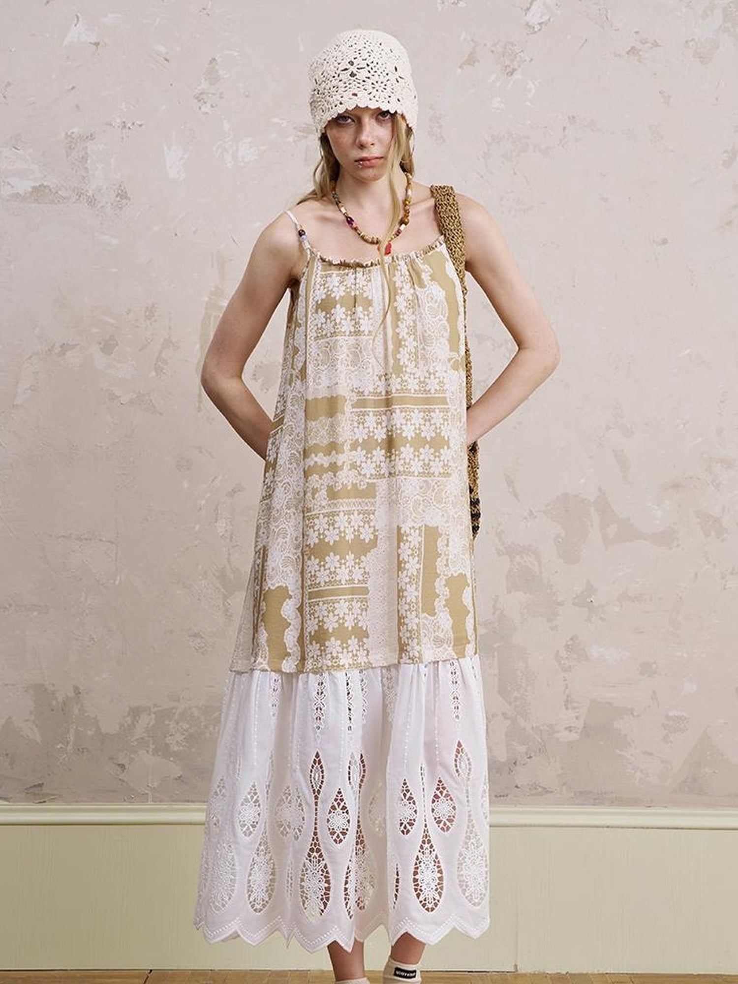 DIDDI MODA Romantic Lace Trim Floral Embroidery A Line Summer Dress