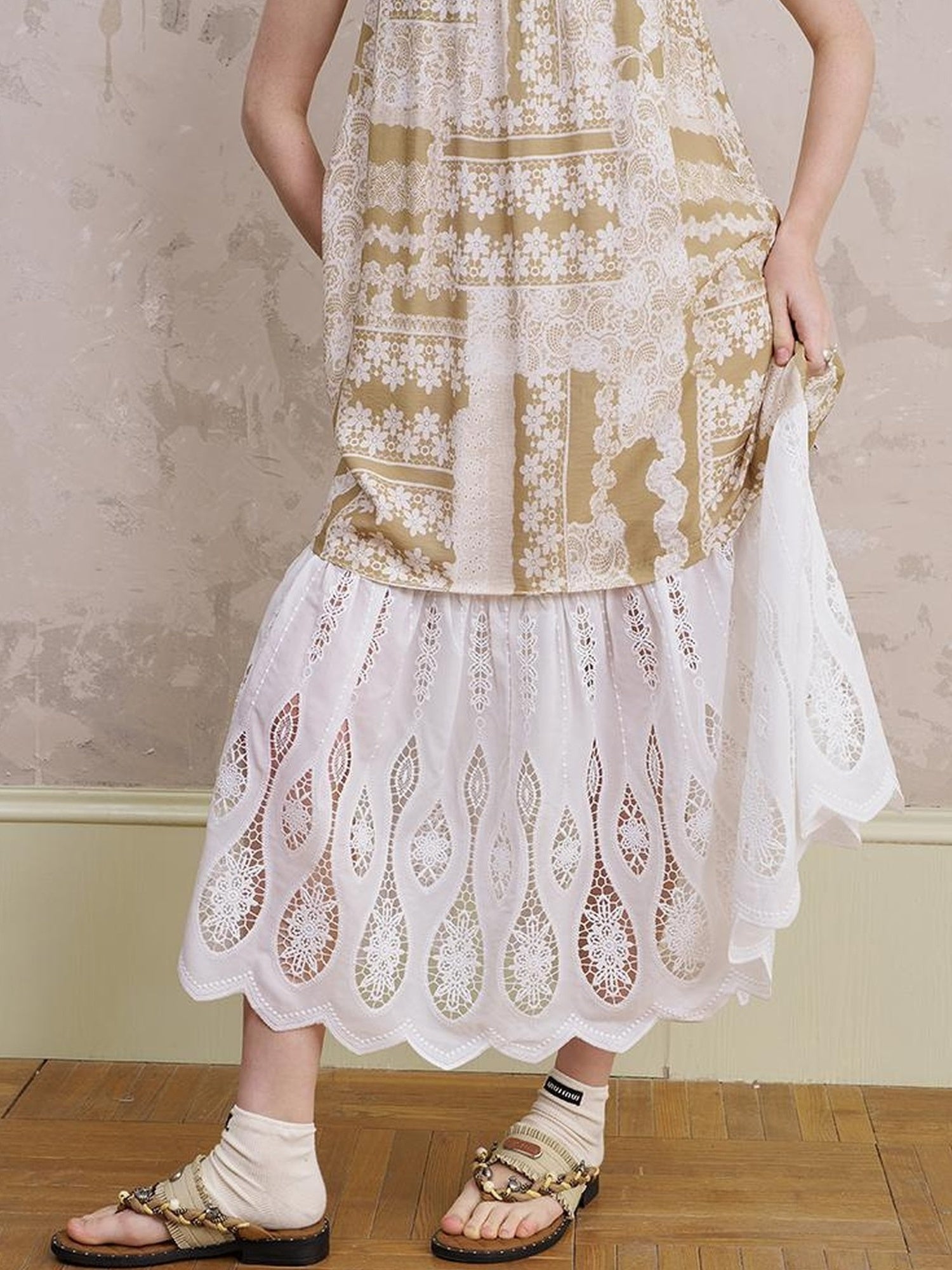 DIDDI MODA Romantic Lace Trim Floral Embroidery A Line Summer Dress