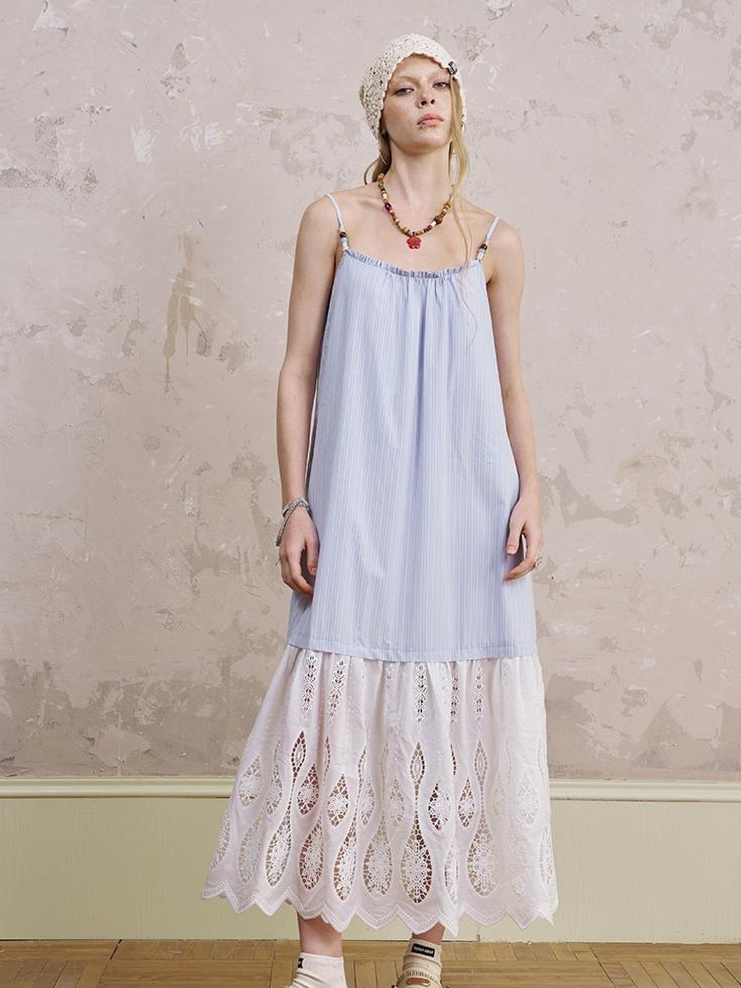 DIDDI MODA Romantic Lace Trim Floral Embroidery A Line Summer Dress