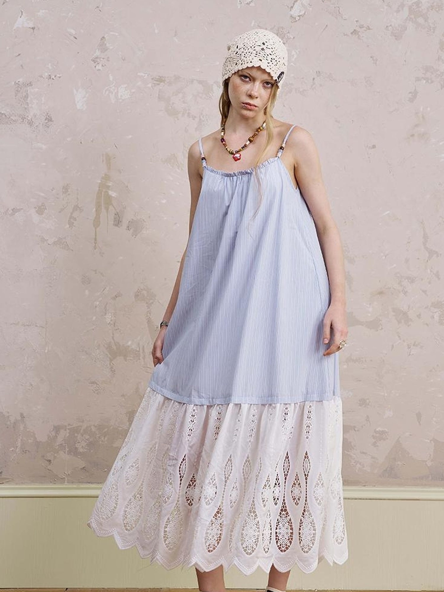 DIDDI MODA Romantic Lace Trim Floral Embroidery A Line Summer Dress