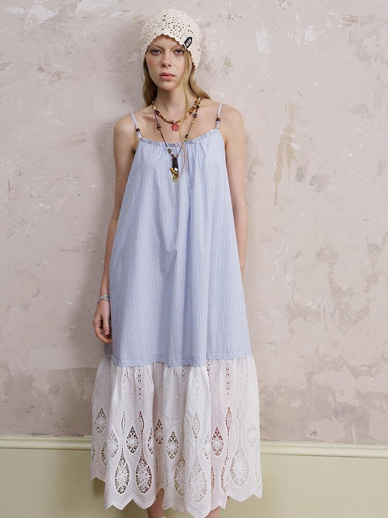 DIDDI MODA Romantic Lace Trim Floral Embroidery A Line Summer Dress