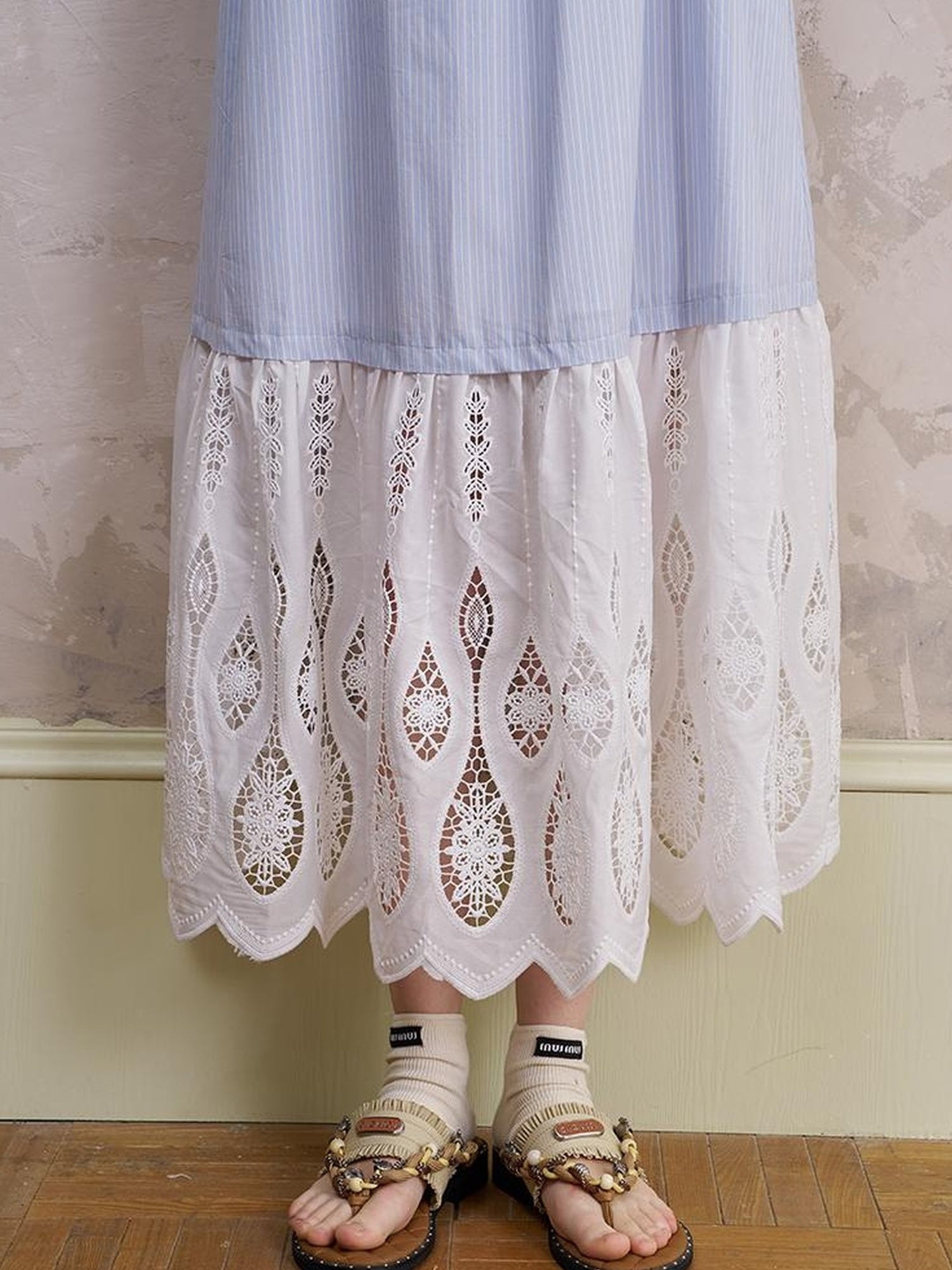 DIDDI MODA Romantic Lace Trim Floral Embroidery A Line Summer Dress